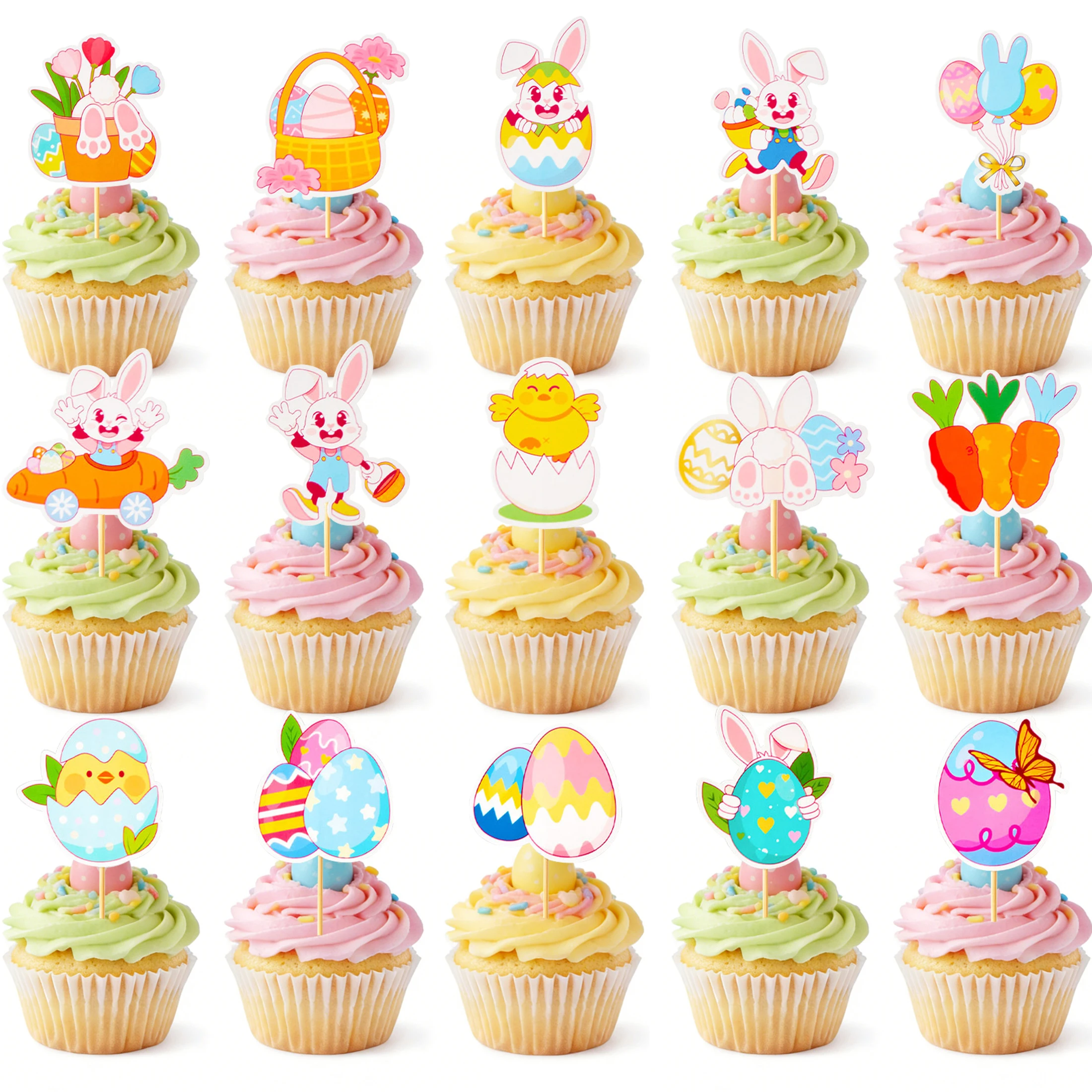 12 Stück Oster-Cartoon-Hasen Osterei-Karotten-Cupcake-Topper für Oster-Themenparty DIY Cupcake-Dessert-Backdekorationen