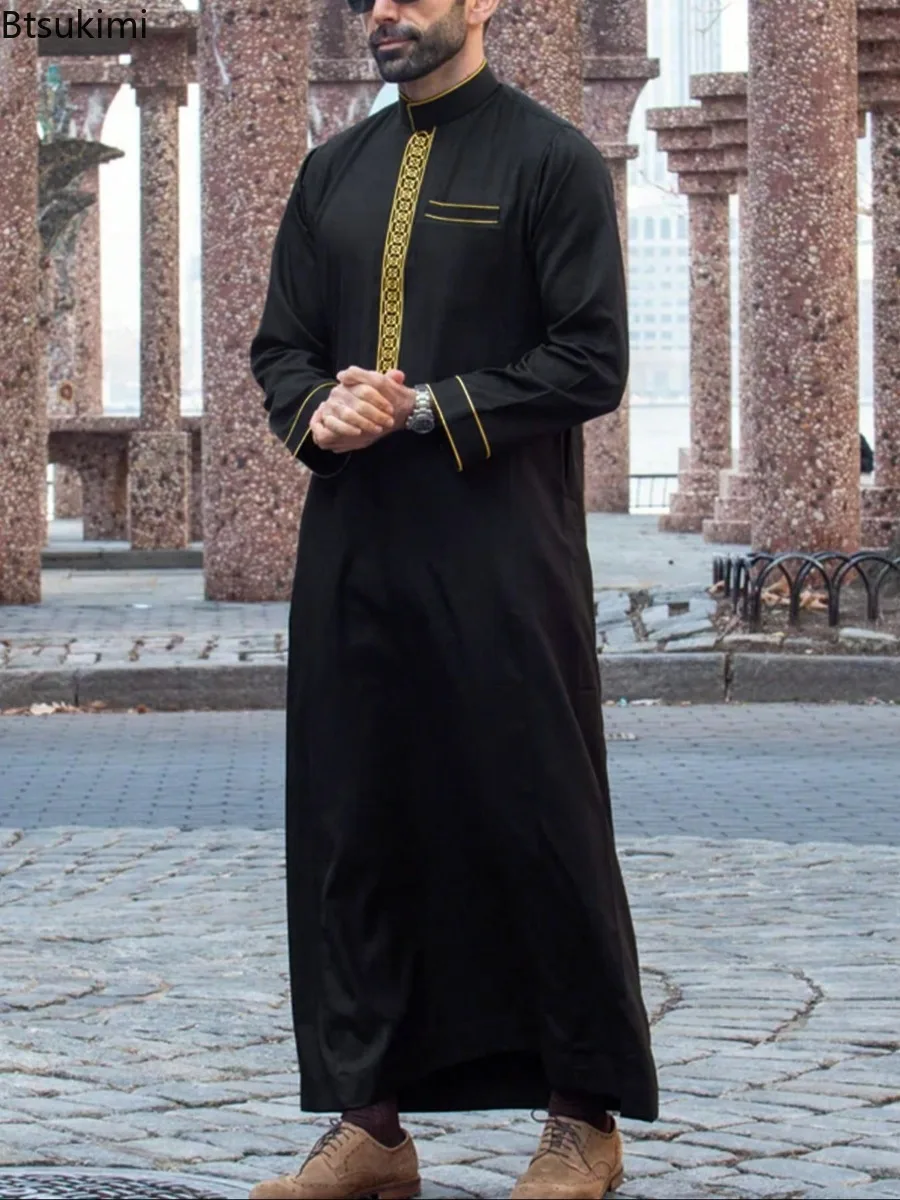 

Ethnic Style Muslim Men Dress Moroccan Pakistan Thobe Patchwork Embroidery Stand Collar Robe Saudi Arabic Kaftan Islam Clothing