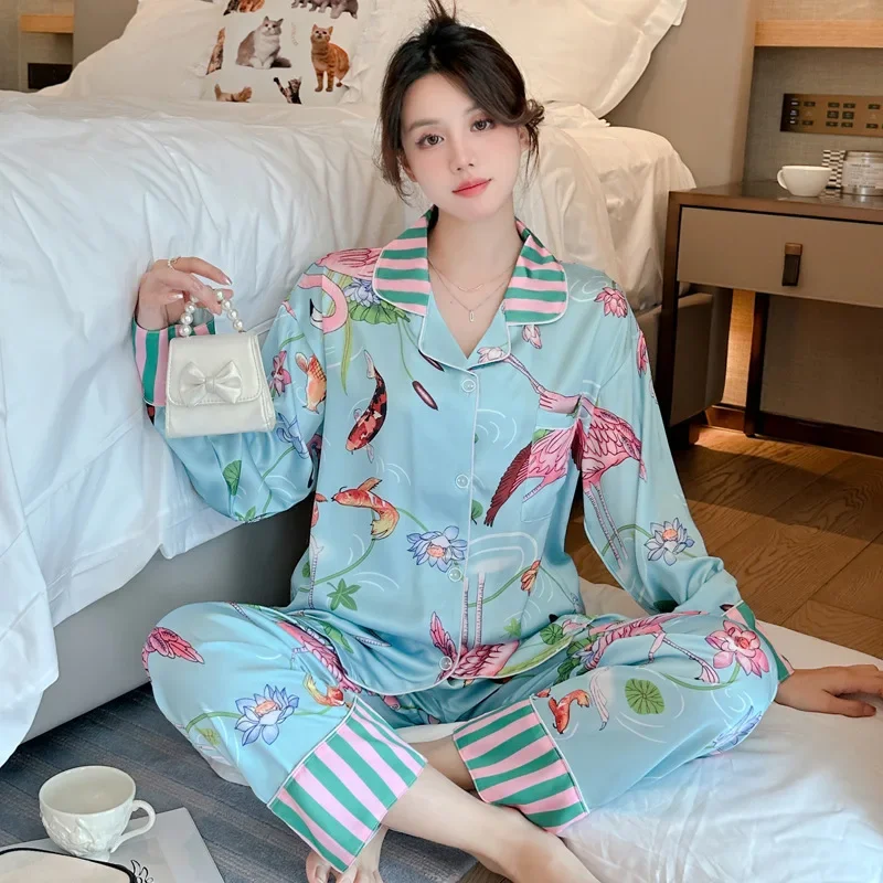 Women\'s Pajamas Sets Spring Autumn 2 Piece Flamingo Print Pyjama Faux Silk Satin Sleepwear Long Sleeve Pijama Mujer Pjs Homewear