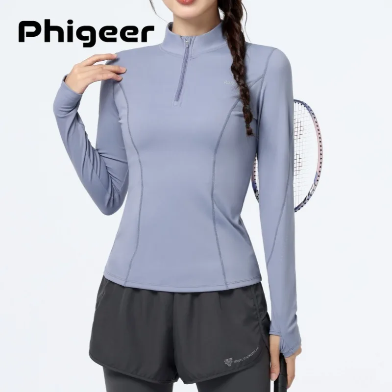 

PHIGEER Women's Gym Tops, Long Sleeve Sports Shirt For Workout Running Hiking, Lightweight Quick Dry Slim Fit 1/4 Zip Sweatshirt
