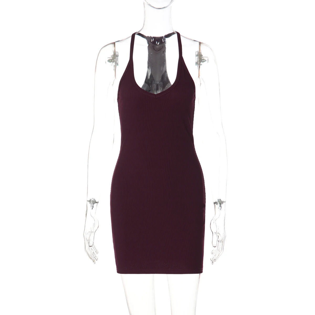 Hugcitar Geripptes Neckholder-Kleid Einfarbiges Rückenfreies Sexy Bodycon Minikleid Frühling Sommer Lässige Damenkleidung Streetwear Party Festival – Detail 4