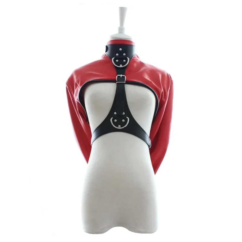 Female BDSM Bondage Breast Exposed PU Leather Straitjacket Restraint Body Harness Jacket Long Sleeves Play Flirting Women