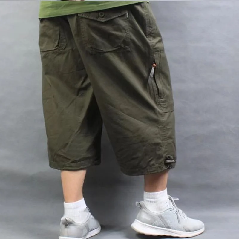 남성용 캐주얼 크롭 팬츠, 느슨한 뚱뚱한 하의, 카고 반바지, 3 가지 색상, 카키 아미, 플러스 사이즈 코튼, 트렌드, 여름