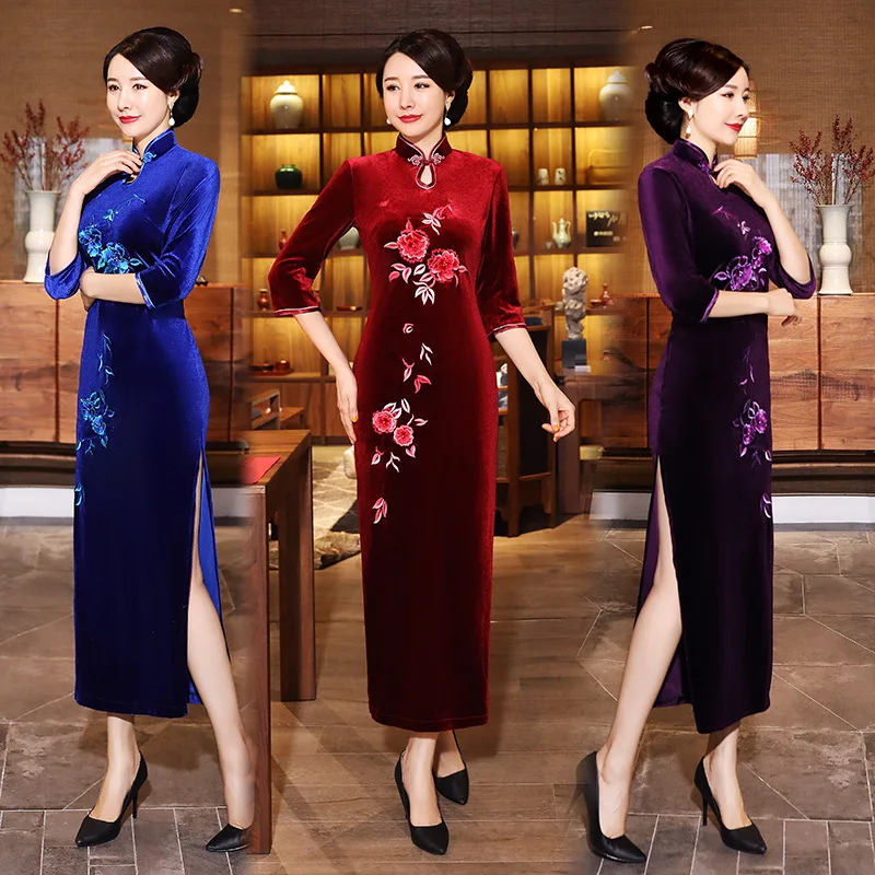 

New Autumn and Winter Cheongsam Velvet Modified Long Type Embroidered High-End Costume Slim-Fit Dress for Moms Daily