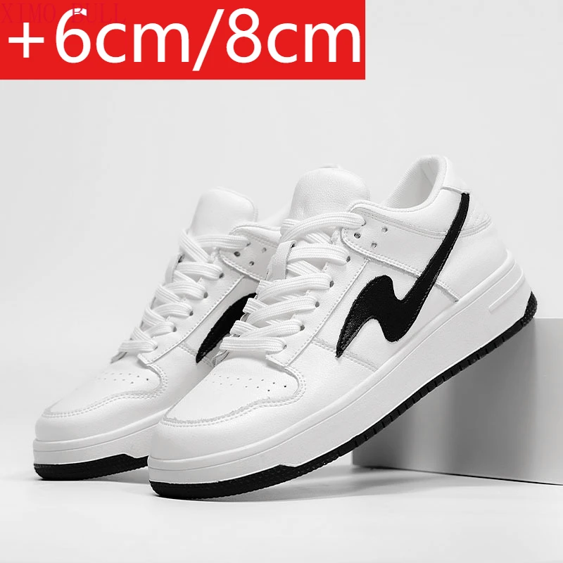 

Men Cow Split Leather White Casual Sneakers Hidden Elevator Lift Shoes Anti-Slip Fashion Comfortable Height-Increasing Sports