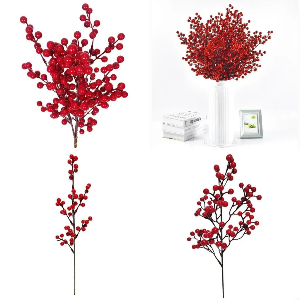 G92C Artificial Red Stems Picks Berries Branches for Christmas Tree Decorations Crafts Wedding Holiday Season Winter Home