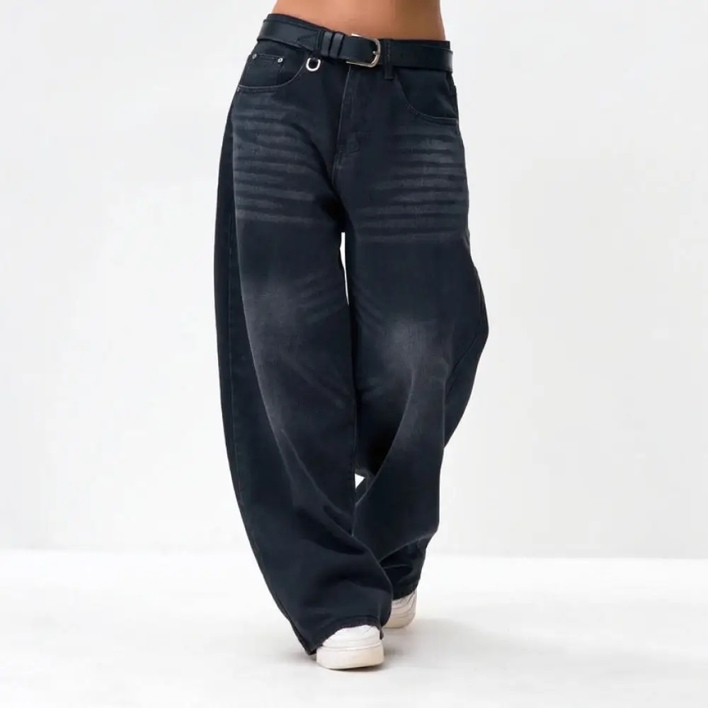 Mens Vintage Washed Wide Leg Jeans Loose Fit Straight Trousers Casual Denim Pants Breathable Daily Streetwear Bottoms