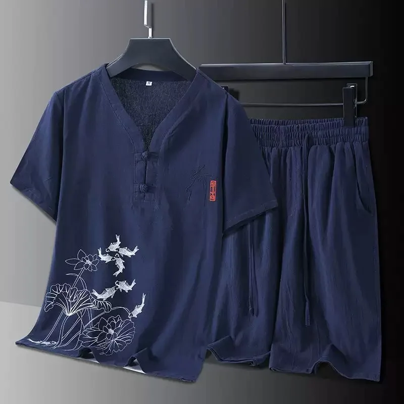 

New Summer Fashion Trendy Embroidered Short Sleeve Shirt Cotton Linen Set Men's Casual Loose Sports Plus Size Two-Piece Set