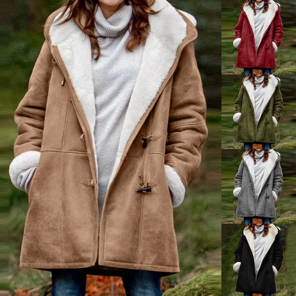 New Warm Outwear Women Winter Plus Size Solid Plus Velvet Coat Long Sleeve Pocket Overcoat Ladies Hooded Coat 2023