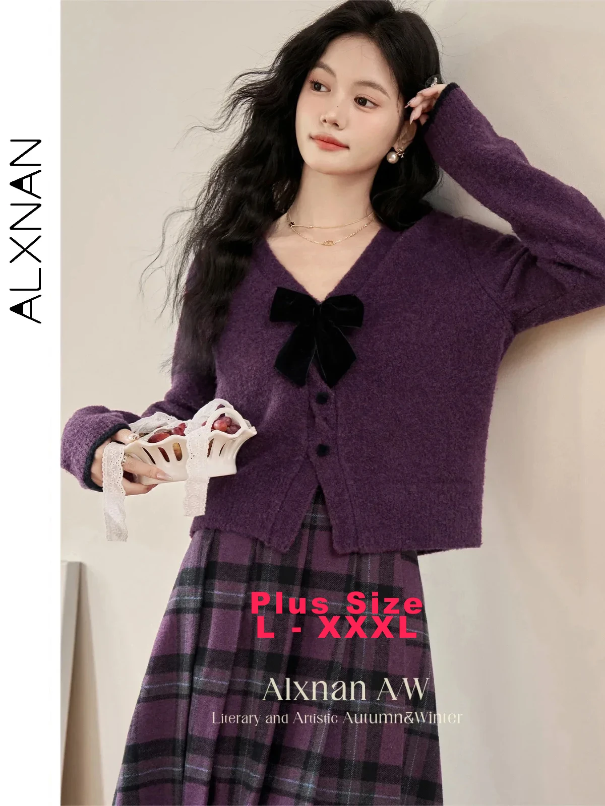 ALXNAN Women's Plus Size Knit Cardigans V-neck Velvet Bow Heart Buttons Long Sleeve Sweater 2024 Fall Winter Languid Tops D07833