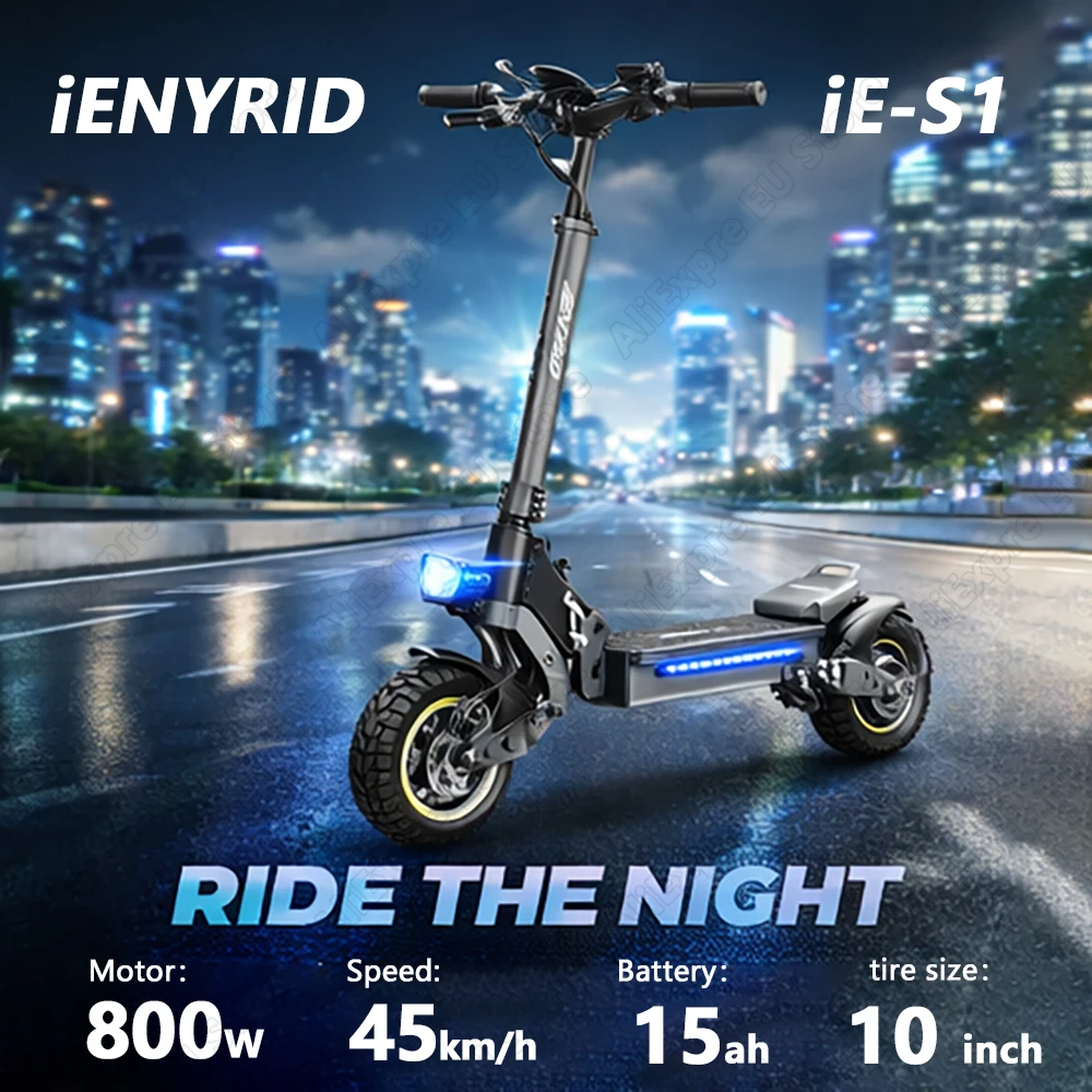 Trottinette électrique iENYRID iE-S1 pour adulte, moteur 800W, batterie 48V15AH, système de régulateur de vitesse automatique, pneus tout-terrain 10 pouces.