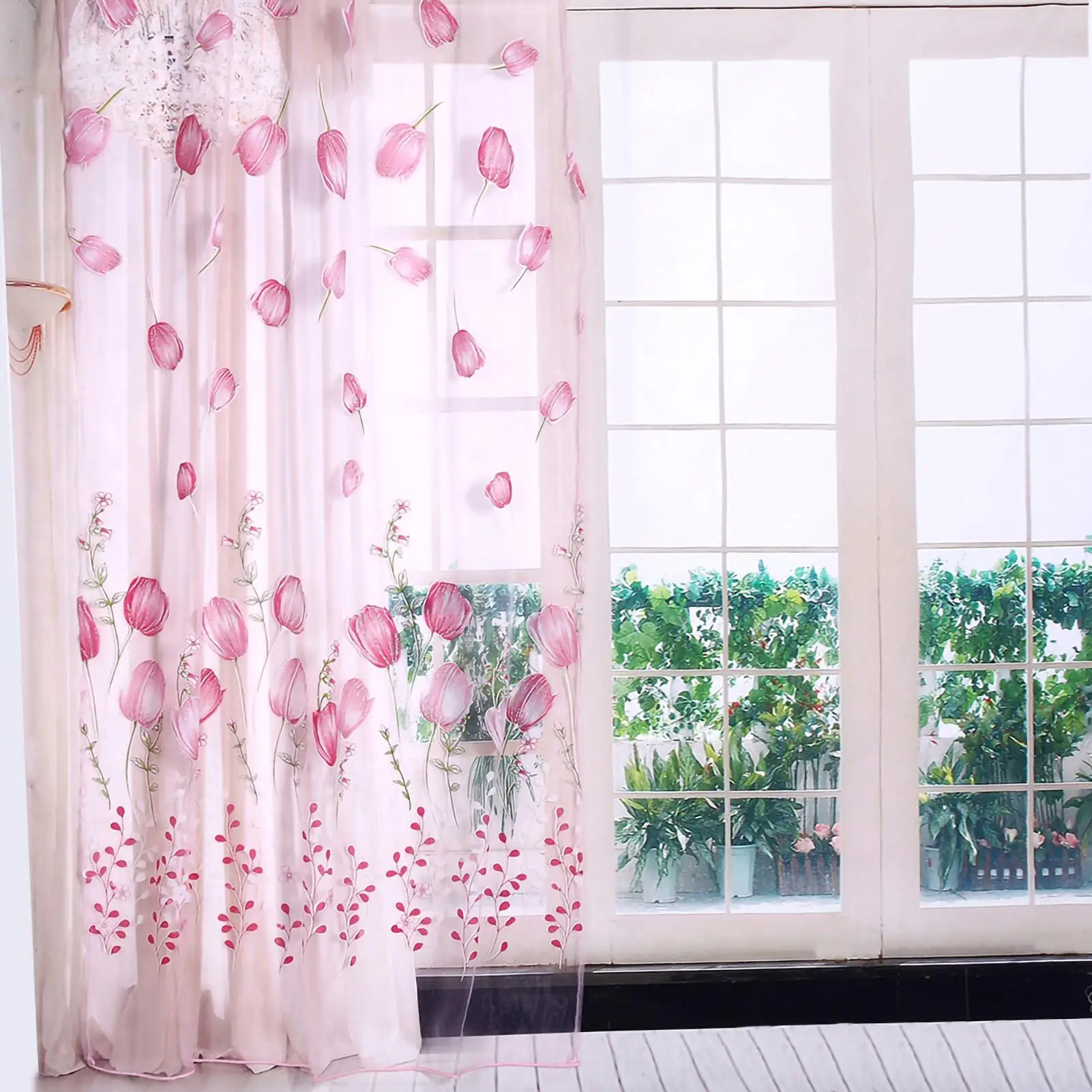 

Floral Tulle Tulips Print Short Sheer Curtains for living Room Kids Bedroom Kitchen Window Anti Fly Mosquito