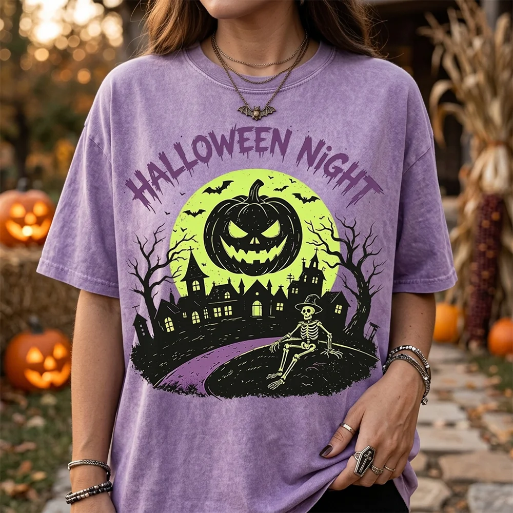 Women Halloween Night Graphic T Shirt Pumpkin Skeleton Haunted House Print Short Sleeve Crew Neck Casual Streetwear Top