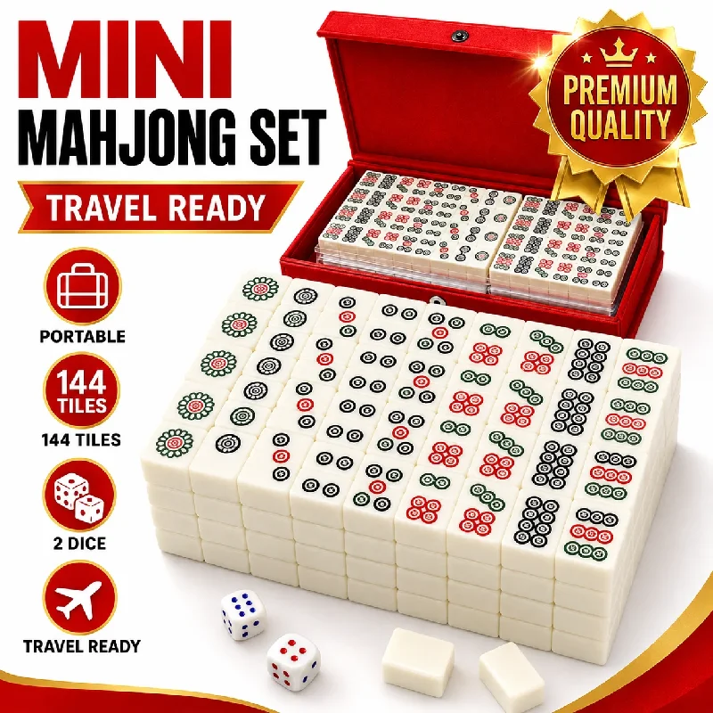 144 Tiles Mini Mahjong Game Set with 2 Dice and Red Carry Storage Case, Classic Portable Mahjong for Family Fun.