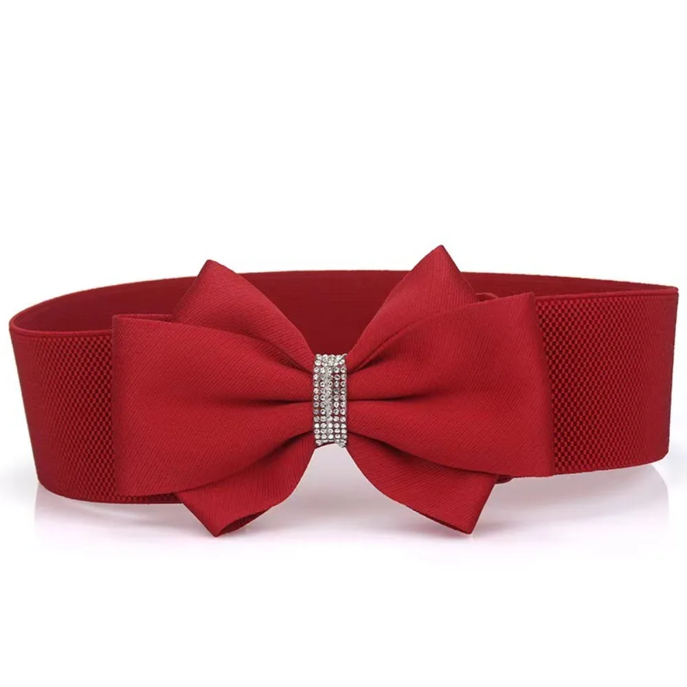 Adjustable Buckle Women's Elastic Wide Belt Plus Size Solid Color Elastic Bow Belt Rhinestone Stretch Belt