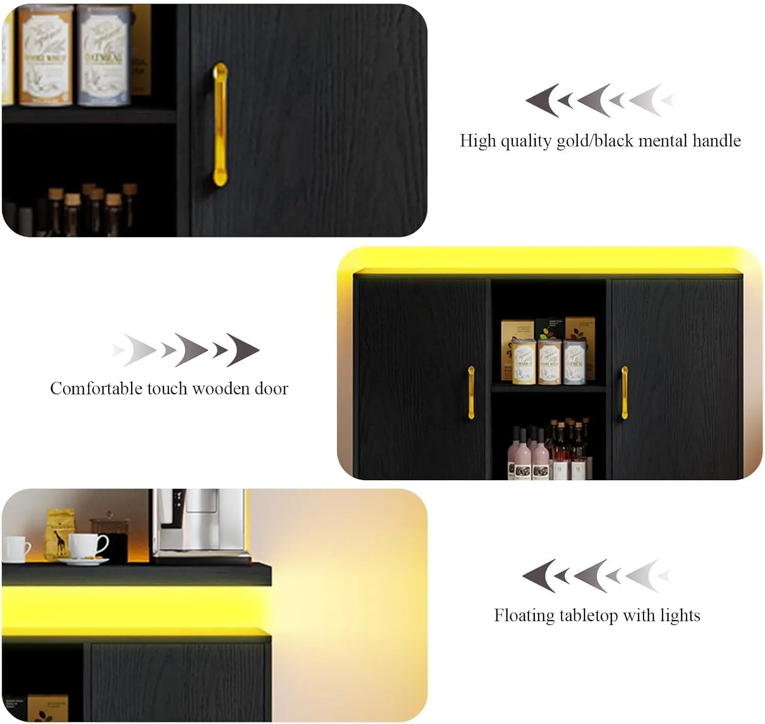 Armário de bar de café LED com estação de carregamento, aparador moderno preto para cozinha ou sala de jantar