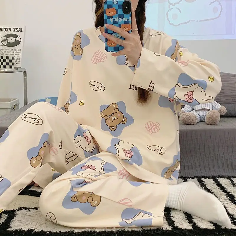 Cotton High-End Pajamas Spring Autumn Long Sleeve Round Neck Cartoon Student Home Wear Suit Women Sweet Cute Loose Sleepwear Set