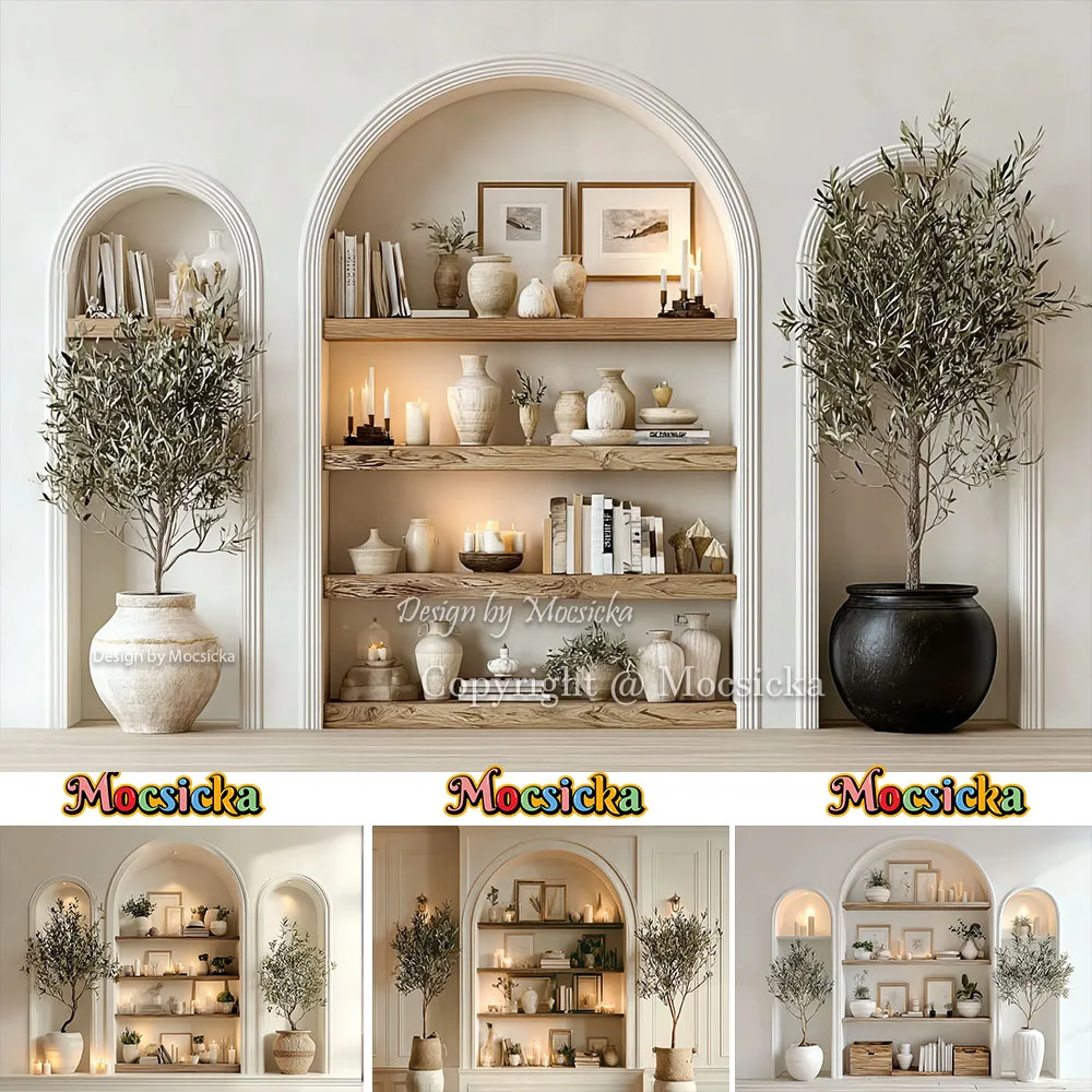 Mocsicka Photography Background Rustic Arch Shelf Boho Home Library Backdrop Family Portrait Mother's Day Photoshoot Studio