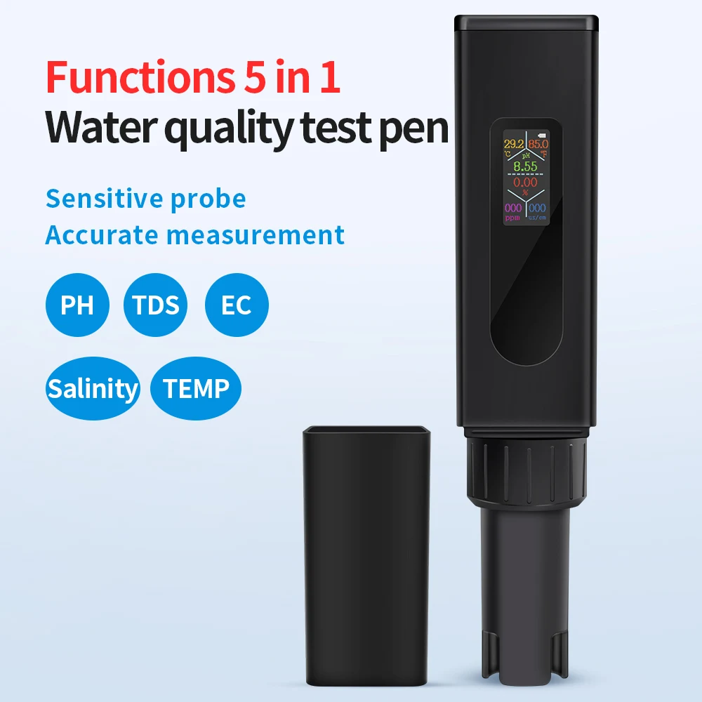 

5 IN 1 PH Temperature TDS EC Salinity Meter LCD Display Waterproof With Automatic Calibration Water Quality Tester analyzer