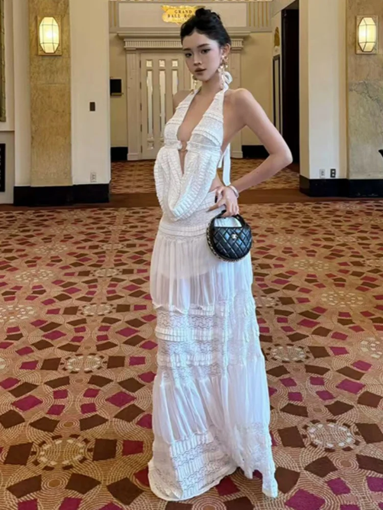 

New Fashion Design High-End V-Neck Strap Sexy Backless Vest Two-Piece Set Women's LacePatchwork Long Skirt 2 Piece Outfits