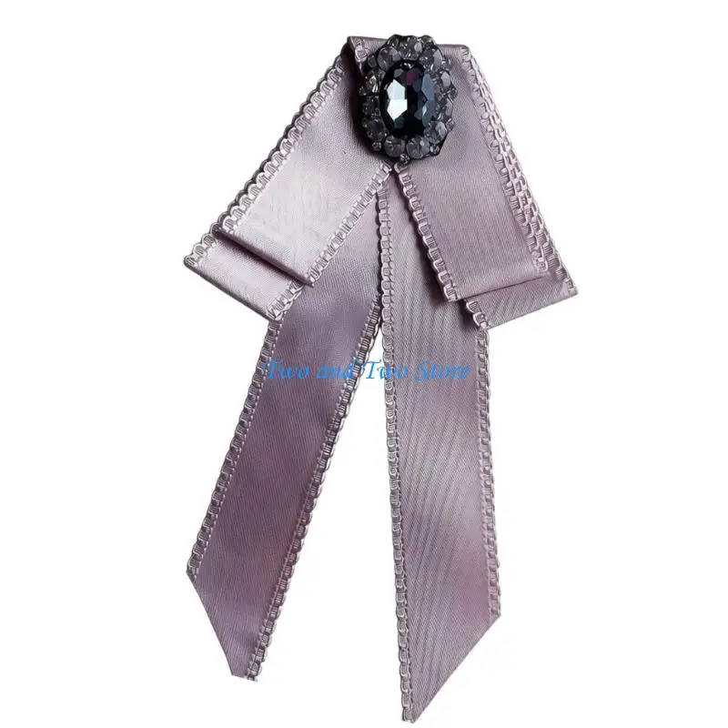 HX6F Delicate Ribbon Bowtie Brooch With Rhinestones Decors Pretied Bowknot For Elegant Outfit And Special Event Dress Decors