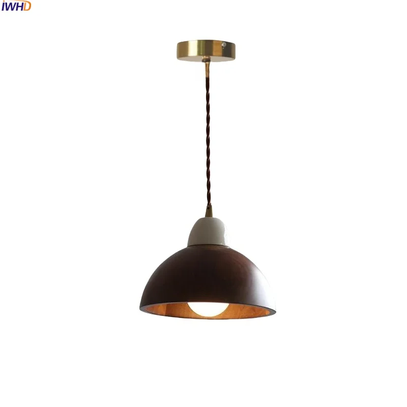 

IWHD Walnut Wood Hanging Lamp Restaurant Porch Study Ceramic Socket Industrial Vintage LED Pendant Light Iustres Para Quarto