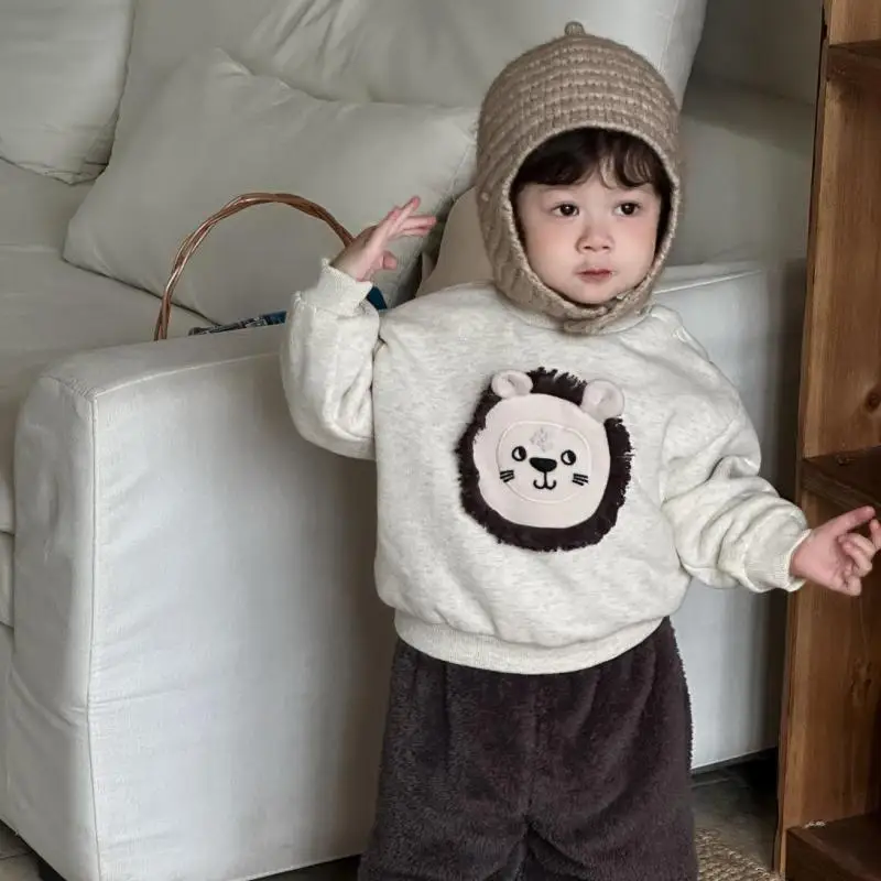 

2025 Winter New Baby Warm Clothes Set Girls Cute Cartoon Fleece Sweatshirt 2pcs Suit Toddler Boys Plus Velvet Thick Outfits