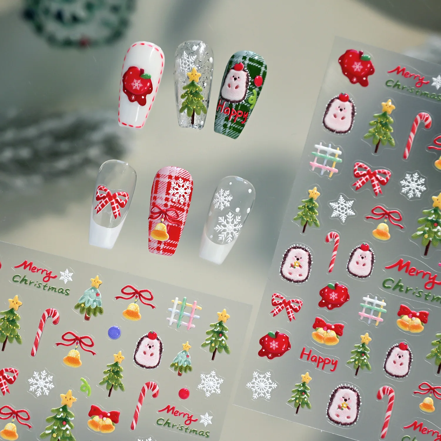 

Upgraded Christmas Series Nail Stickers Cute Christmas Tree Bell Design Self Adhesive Premium Vinyl for Women Party Decor