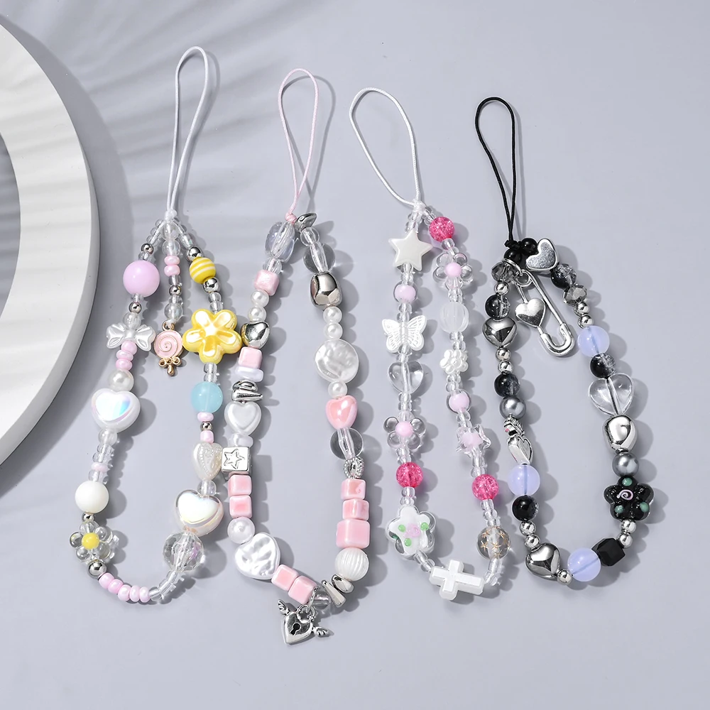 Y2K Mobile Phone Lanyard Colorful Acrylic Heart Flower Beads Telephone Chain For Women Girls Anti-Lost Phone Case Chain Currency