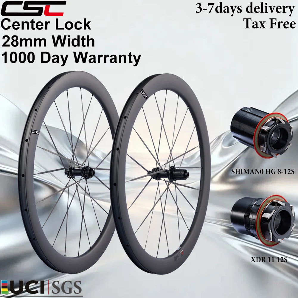 Roues de vélo de gravier CSC 700C en carbone, frein à disque Center Lock, largeur de moyeu 28 mm, profondeur 35/38/45/50/58 mm, jeu de roues carbone UCI pour route