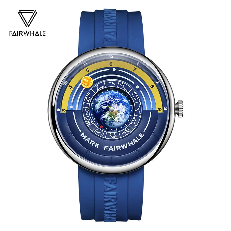 Luxury Fashion Mens Watches Famous Brand Mark Fairwhale Moon Special Pointer Design Silicone Strap Waterproof Quartz WristWatch