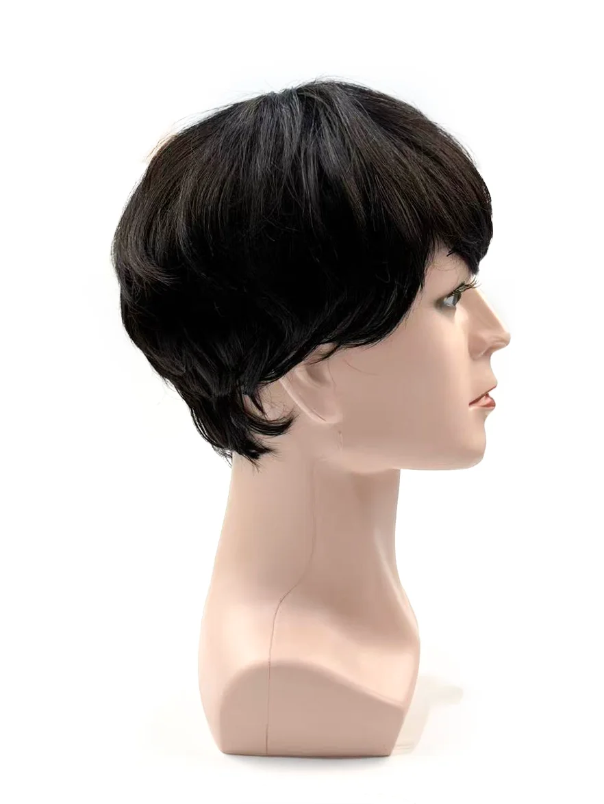 OCK 100% Human Hair Mens Full Wig, Short Cut With Bangs, Machine-Made, Elastic Cotton Cap Construction