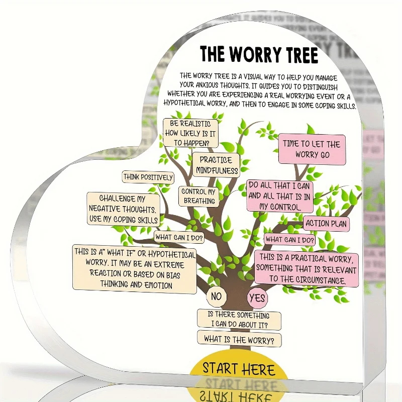 Acrylic Worry Tree Sign - Heart Shape Mental Health Awareness Decor Inspirational Gift for Office Home Classroom
