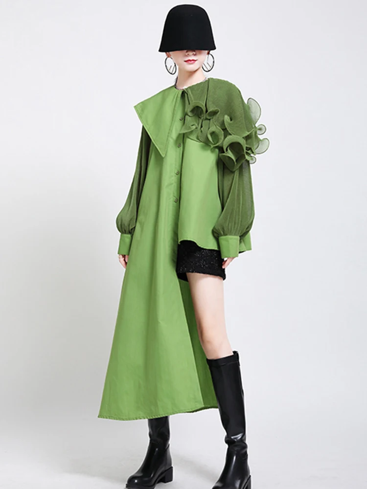 [EAM] Women Green Ruffles Irregular Big Size Blouse New Lapel Long Sleeve Loose Fit Shirt Fashion Tide Spring Autumn 2024 1DA218