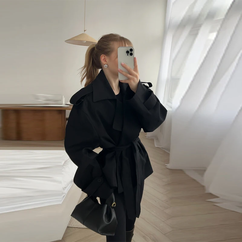 

Women's Lace-up Cropped Trench Coat Chic Collar Long Sleeves Lapel Wide Shoulder Windbreaker Jacket Fall Commuting Daily Jackets