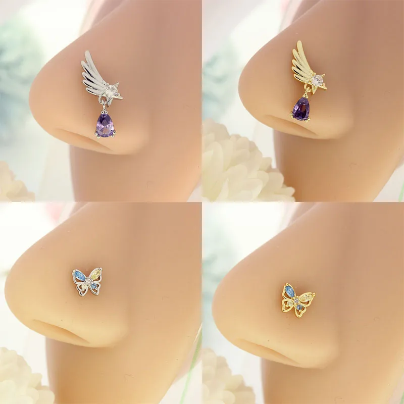 Delicacy Wing Pendant Nose Rings for Women Copper L-Bend Pin Butterfly Nose Piercing Jewelry Body Jewelry For Women