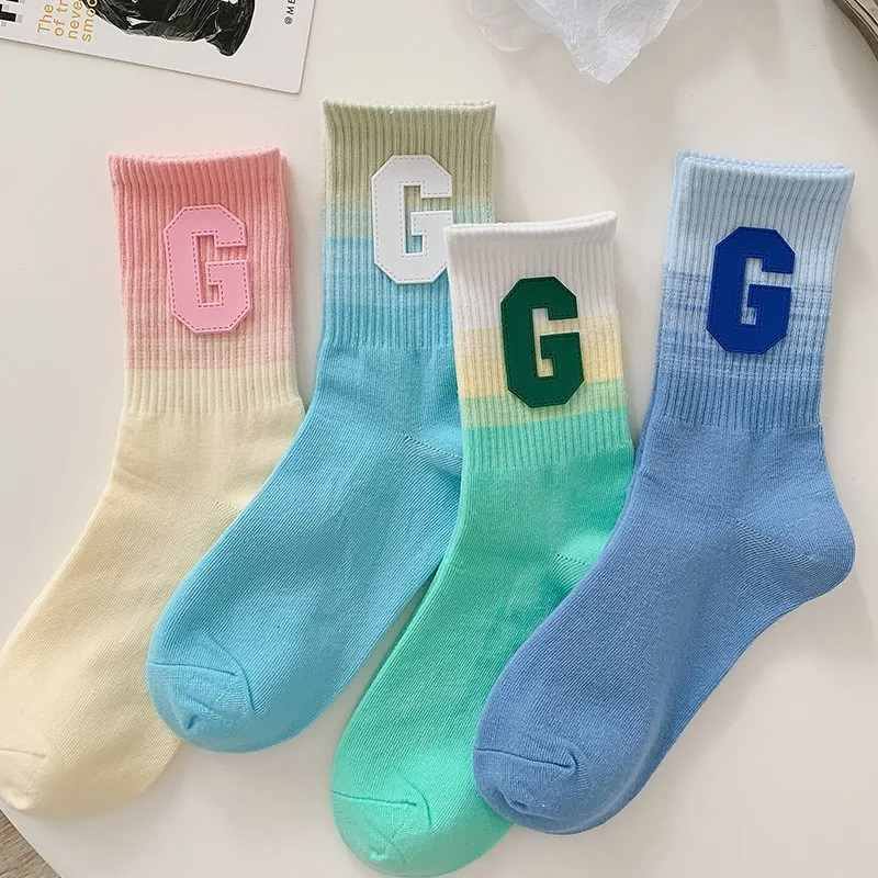 Fashion Personality Gradient Color Sock Women Letter G Striped Cotton Socks Sweet Tie Dye Ombre Hip Hop Skateboard Sports Socks