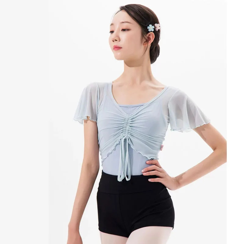 Top corto de malla con cuello en V, camiseta de Ballet, Tops de baile, Ropa de baile de bailarina, ropa de práctica de baile, disfraces clásicos para bailar