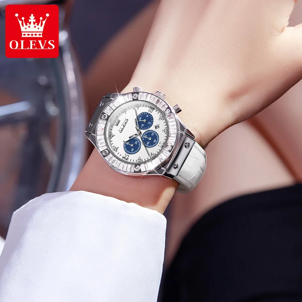 OLEVS Women\'s Watches Elegant Fashion Multifunctional Chronograph Original Quartz Watch for Ladies Zirconium Diamonds Dazzling