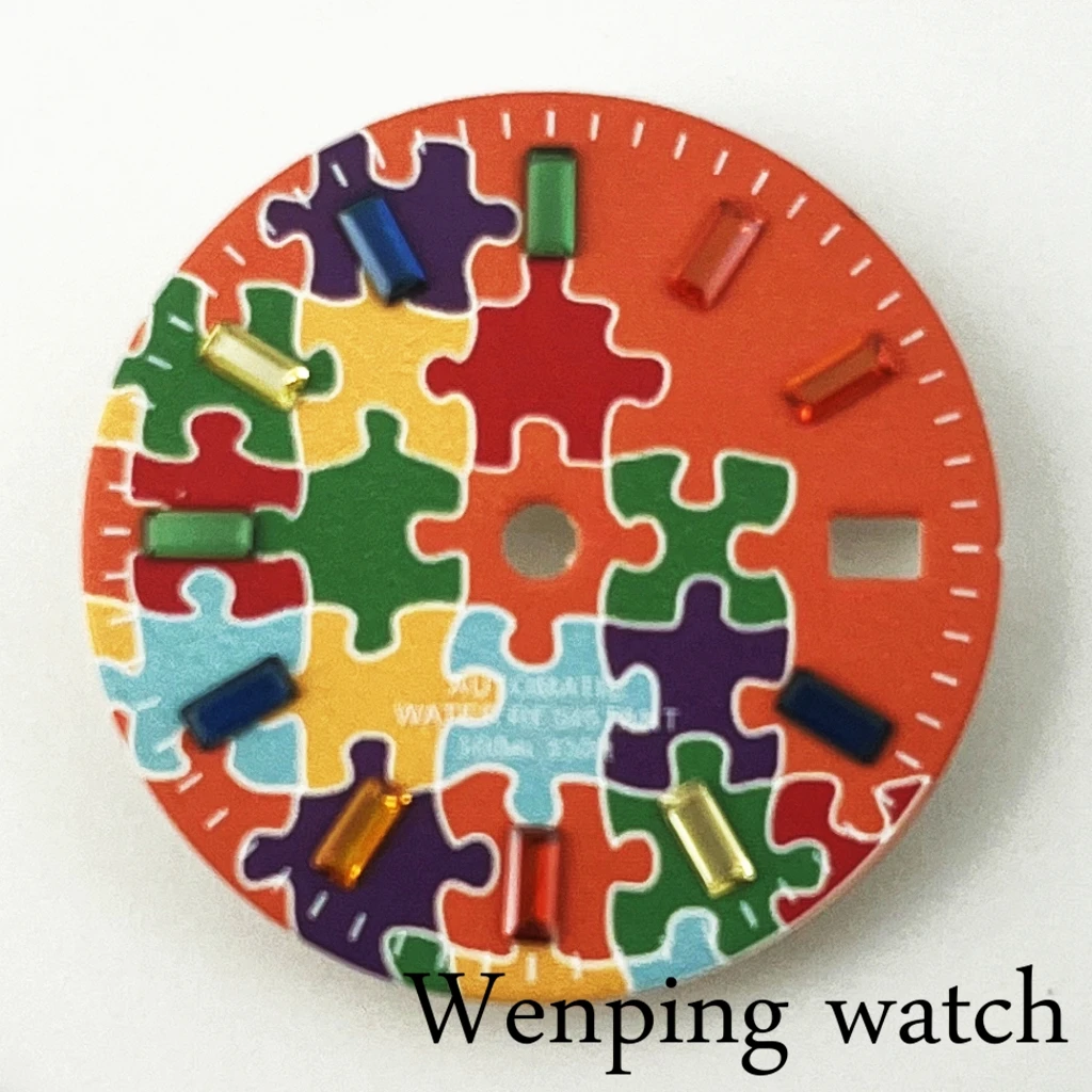 New 29mm Blue/Orange Colorful Puzzle Design Watch Dial Fit NH35 Automatic Movement