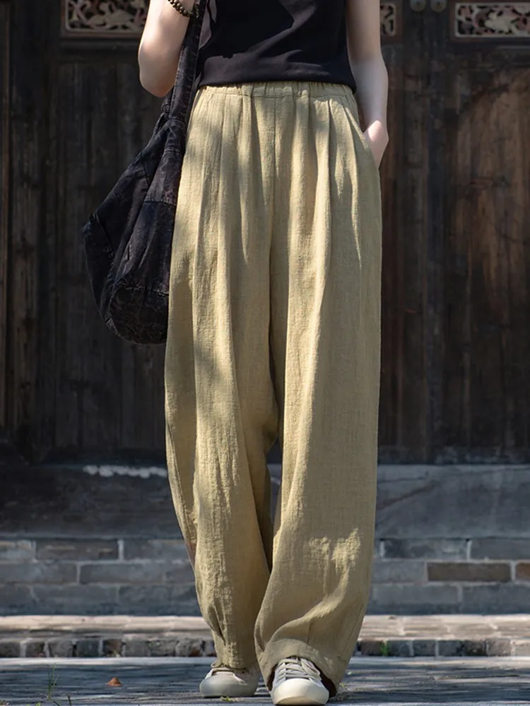 High Waist Cotton Linen Casual Trousers Women New Arrival 2024 Vintage Style Solid Color Loose Female Straight Long Pants T208