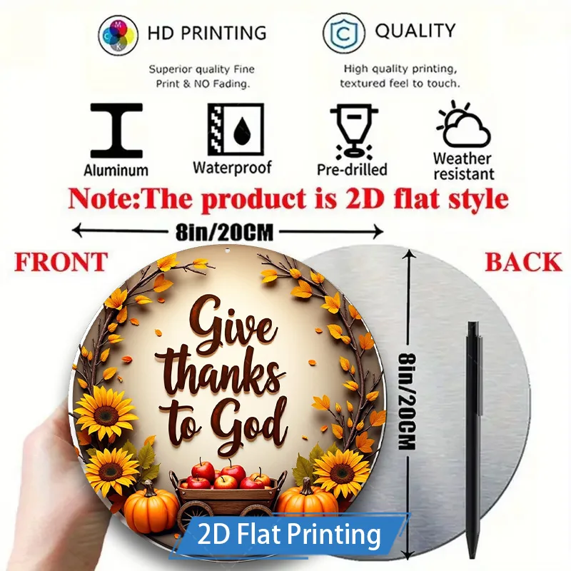 ป้ายโลหะแบบแบน 2 มิติ 1 ชิ้น ขนาด 8x8 นิ้ว ลายพิมพ์แบบแบน 2 มิติ ตกแต่งผนังธีมฤดูใบไม้ร่วง "ให้ขอบคุณพระเจ้า" พร้อมลายฟักทองและดอกทานตะวัน สำหรับตกแต่งบ้าน