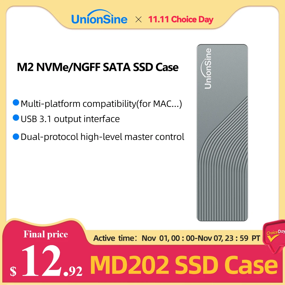 

UnionSine Dual Protocol M2 NVMe/NGFF SATA SSD Case 10Gbps HDD Box M.2 NVME SSD to USB 3.1 External Enclosure for 2242 2260 2280