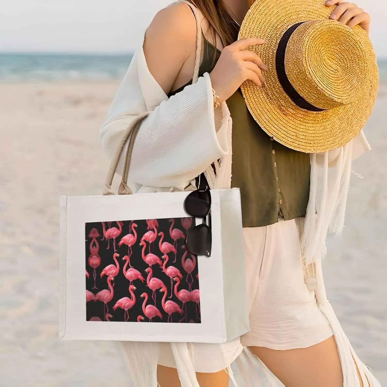 Interrupteur sac fourre-tout en toile flamants roses pour femmes, sac fourre-tout esthétique, sacs à main fourre-tout de voyage de plage, shopping 03 travail