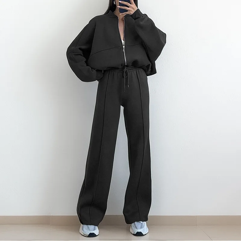 Women's Fleece-Lined Hoodie Coat High Waist Casual Pants Set Winter Thick Warm Outdoor Streetwear Loose Tracksuit