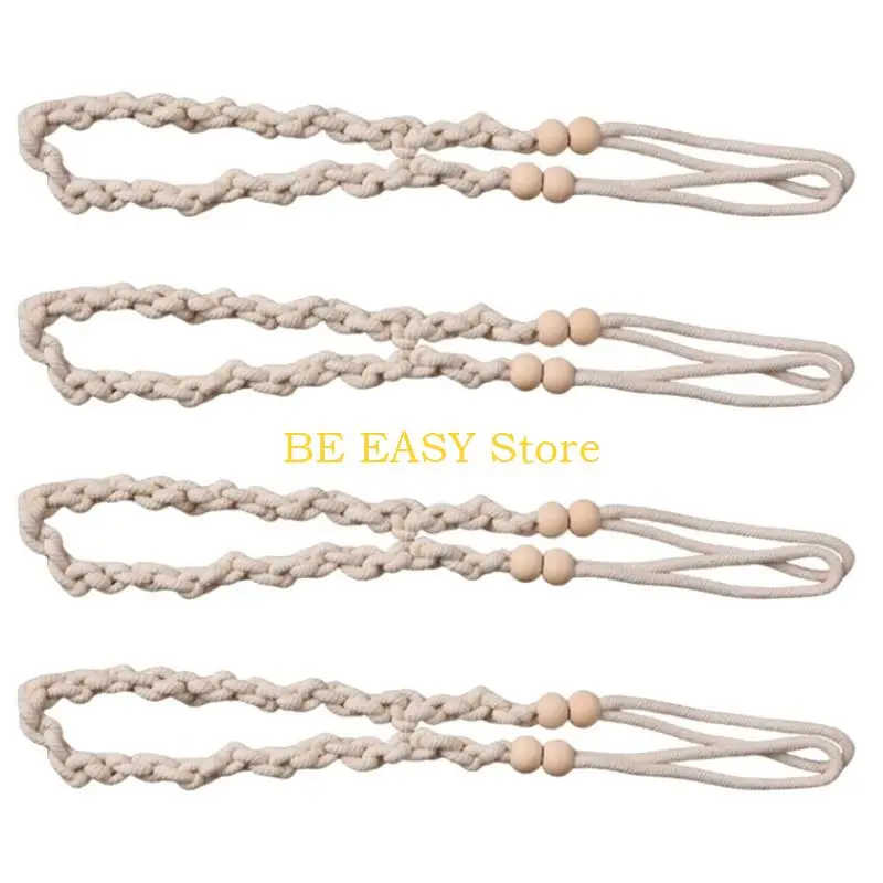 E28F Braided Woven Rope Curtain Tiebacks 4 Pack Twist Cord Window Drapery Bindings Holdbacks with Decorative Wood Beads