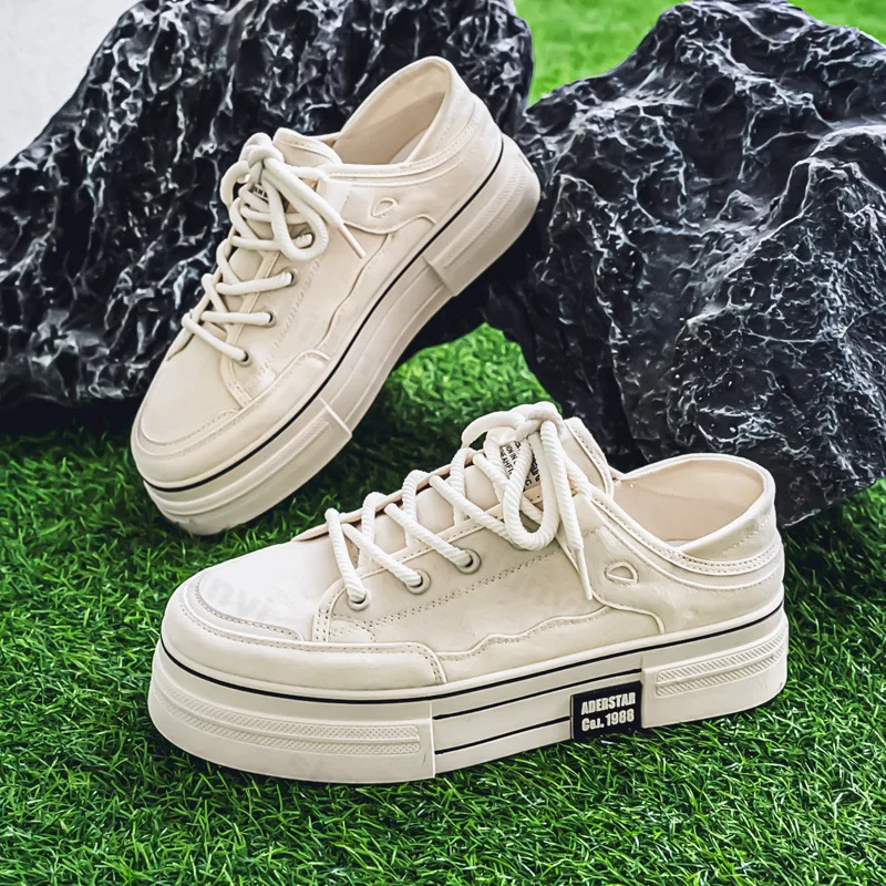2025 Spring New Thick Soled Height Increasing Men's Canvas Casual Fashion Trend Flat Shoes Comfortable Non slip Lace-up Sneakers - Image 3