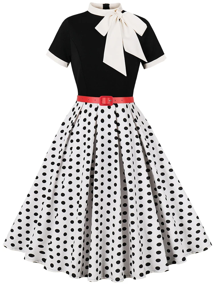 Polka Dot Print Patchwork Vintage Style A Line Swing Flare Dress Short  Sleeve Red Pink Black 1950s Summer Holiday Casual Dresses - AliExpress