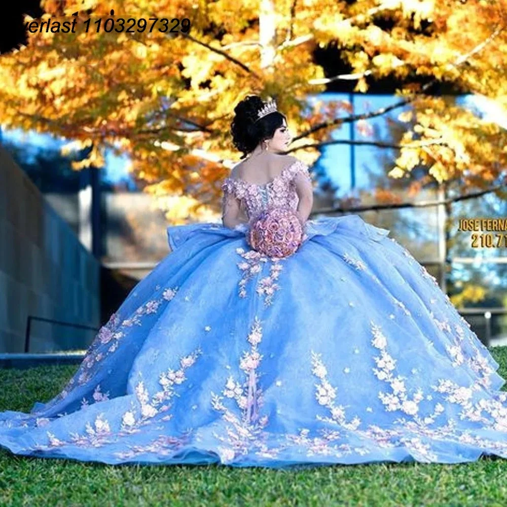 EVLAST مخصص الأزرق الديكور المتدرج الكرة ثوب Quinceanera فستان ثلاثية الأبعاد الزهور زين الحلو 16 Vestidos De 15 Anos TQD840