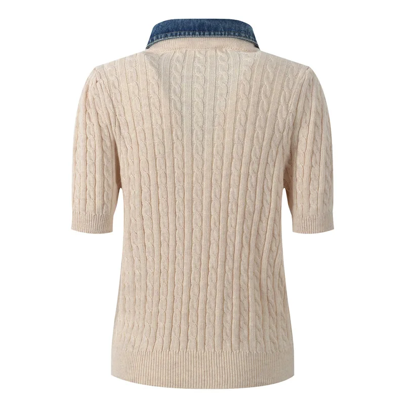 Women Turn-Down Collar Tops Knitted Cotton Button Short Sleeve Tops